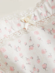 Cotton-blend Floral Square Neck Puff Sleeve Lace Trim Bowknot Peplum Blouse