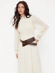 Textured Stand Collar Shirred Lantern Sleeve Maxi Dress