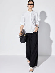 Cotton-blend Lantern Sleeve Round Neckline Blouse