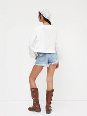 Cotton-blend Round Neckline Solid Tie Front Bowknot Oversized Blouse