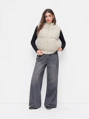 Fleece Stand Collar Zip Through Pocket Puffer Vest