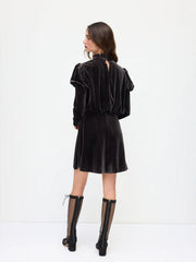 Velvet Stand Collar Ruched Ruffle Hem Mini Dress