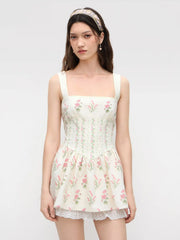Linen-blend Floral Broderie Anglaise Trim Layered Lace Up Mini Dress
