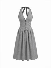 Halter Neckline Gingham Tie Back Midi Dress