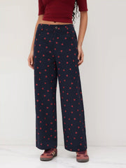 Cotton-blend High Rise Heart Graphic Button Straight Leg Trousers
