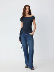 Linen-blend Asymmetrical Neck Blouse With Belted