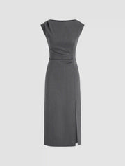 Boat Neck Ruched Split Maxi Dress