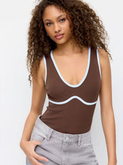 Cotton-blend Scoop Neck Colorblock Bodysuit