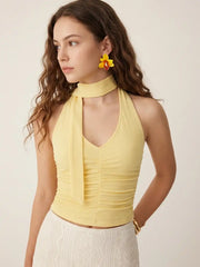Textured Halter Neckline Ruched Slim Top With Scarf