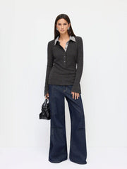 Two Tone Collar Long Sleeve Button Top