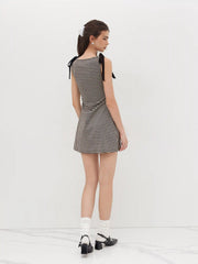 Round Neckline Gingham Bowknot Ruched Mini Dress