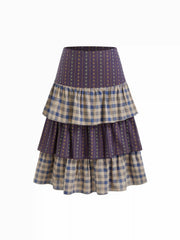 Cotton Mid Rise Check & Floral Two Tone Layered Midi Skirt