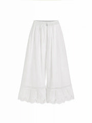 Cotton Low Rise Floral Embroidery Lace Panel Drawstring Wide Leg Cropped Oversized Trousers