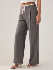 Mid Rise Drawstring Pleated Straight Leg Trousers
