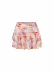 Mesh Mid Rise Floral Ruched Layered Mini Skirt
