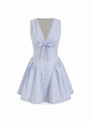 Gingham V-neck Lace Panel Bowknot Babydoll Mini Dress