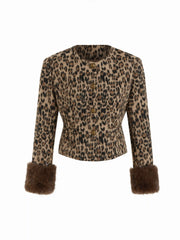 Wool-look Leopard Long Sleeve Faux Fur Trim Metal Button Jacket