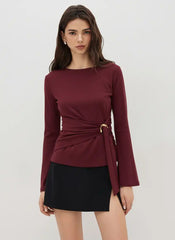 Round Neckline Ruched Metal Detail Long Sleeve Tee