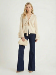 Wool-blend V-neck Ruffle Sleeve Bowknot Oversized Cardigan