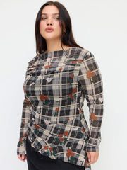 Mesh Boat Neck Rose Plaid Ruffle Hem Top Curve & Plus