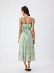Chiffon Ruched Lace Trim Ruffled Tiered A-line Maxi Dress