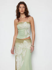 Mesh Floral Wrap Tube Top & Mid Rise Pencil Maxi Skirt Set
