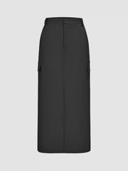 High Waist Solid Split Maxi Cargo Skirt