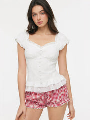 Cotton Embroidery Floral Ruffle Hem Button Blouse
