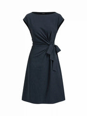 Boat Neck Stripe Knotted Ruched Midi Dress