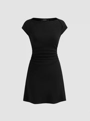 Cotton-blend Boat Neck Solid Ruched Mini Dress