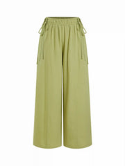 Cotton-blend Mid Rise Drawstring Wide Leg Trousers