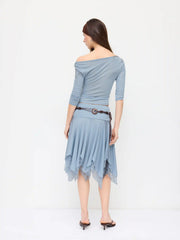Cowl Neck Ruched Middle Sleeve Top & Mid Rise Belted Asymmetrical Hem Midi Skirt Set