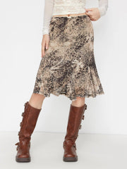 Mesh Leopard Mid Rise Bowknot Ruffle Hem Midi Skirt