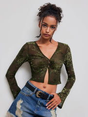 V-neck Floral See-through Cropped Bell Sleeve Blouse