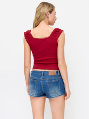 Cotton-blend Ruffled Short Sleeve Cherry Applique Tee