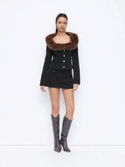 Stretch Denim Faux Fur Trim Scoop Neckline Long Sleeve Jacket