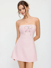 Linen-blend Floral Bowknot Embroidery Lace up Flared Mini Dress