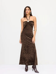 Velvet Halter Neckline Metal Detail Maxi Dress