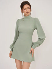 High Neck Ruffle Puff Sleeve Mini Dress