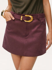 Suede Mid Rise Metal Detail A-line Mini Skirt With Belt