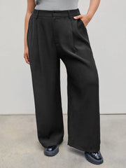 Mid Waist Pleated Pocket Wide Leg Pants Curve & Plus