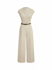 High Neck Draped Mid Rise Wide Leg Jumpsuit With Belt