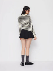 Cotton-blend Stripe Collar Long Sleeve Asymmetrical Hem Ruched Top