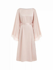 Satin Boat Neck Bell Sleeve Lace Panel Flared Maxi Dress