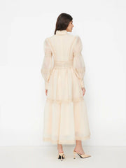 Chiffon High Neck Contrasting Lace Cinched Waist A-line Maxi Dress