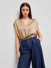 Satin V-neck Solid Ruched Sleeveless Shirt Bodysuit