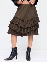 Mid Rise Lettuce Trim Pleated Layered Midi Skirt