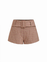 Tweed Low Rise Houndstooth Micro Shorts With Belt