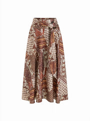 Floral Mid Rise Tribal Print Belted Flared Maxi Skirt