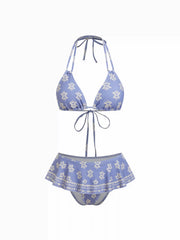 Aztec Halter Neckline Ruffled Triangle Bikini Set